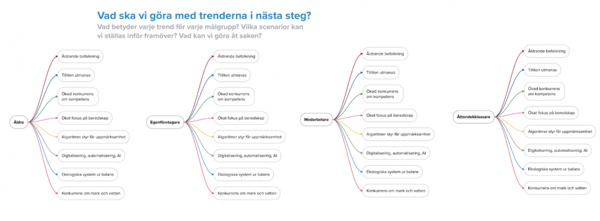 Nedbrytning av hur de mest relevanta trenderna skulle kunna påverka ett antal specifika målgrupper. 