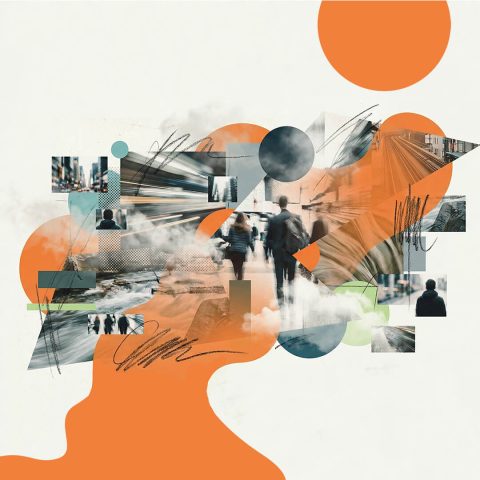 Dekorativt, abstrakt fotocollage med människor och trafik i rörelse.