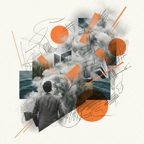 Ett dekorativt fotocollage med en man i kostym framför element av skog, dis, arkitektur och sju geometriska former i orange.